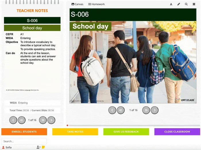 An Off2Class lesson in the online classroom, with the lesson slides and the teacher notes