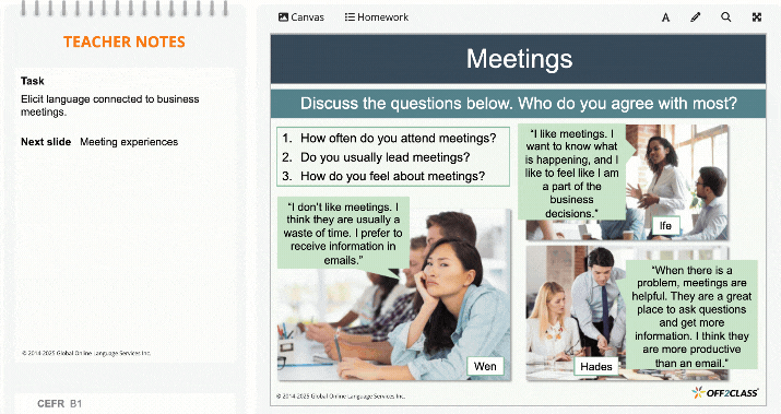 Lesson slides within the Off2Class Business English Curriculum, including teacher notes to help make teaching business English easier.