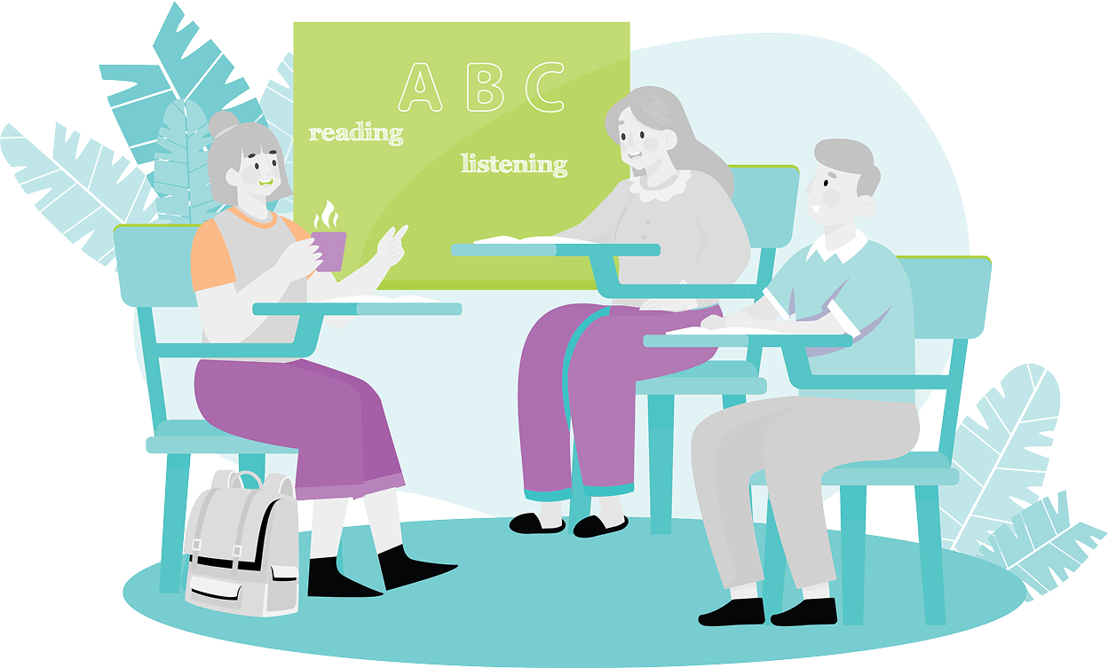 A graphic illustration of teachers using Off2Class' ESL curriculum in classrooms.