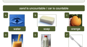 This slide is taken from the first lesson on Countable and Uncountable Nouns, giving some examples of each.