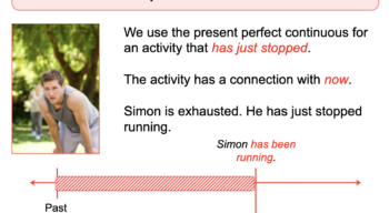 This slide is taken from the lesson on the present perfect continuous tense, including a timeline that helps illustrate the concept.